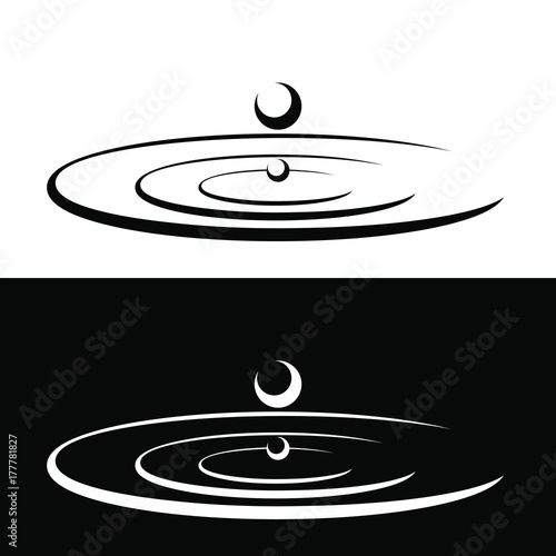 Drops falls forming a circles on the water. Droplets symbols isolated on the white and black backgrounds. Graphic icons. Vector illustration