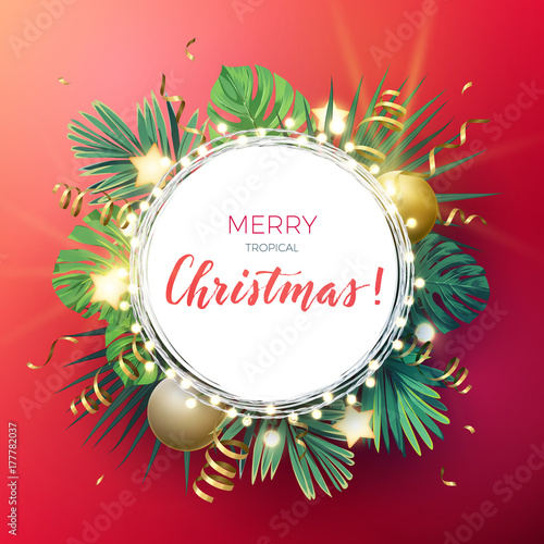 Christmas on the summer beach design with monstera palm leaves, hibiscus flowers, xmas balls and gold glowing stars, vector illustration.