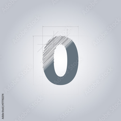 Sign Number zero. Logotype architectural design. Grey color. Blueprint. With gradient.