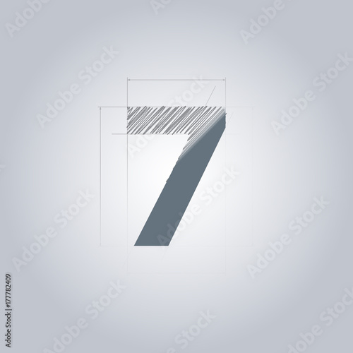 Sign Number seven. Logotype architectural design. Grey color. Blueprint. With gradient.