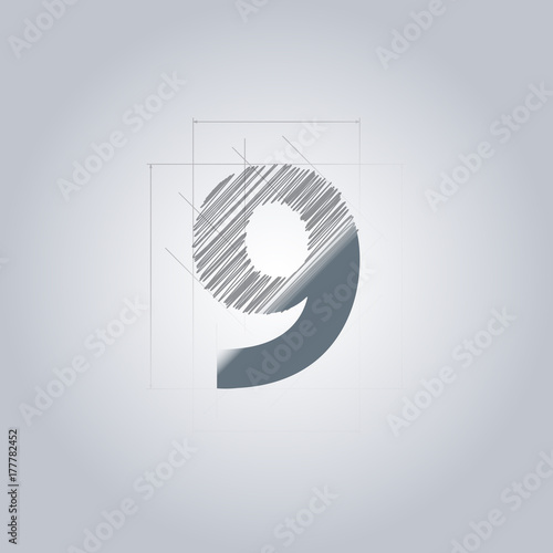 Sign Number nine. Logotype architectural design. Grey color. Blueprint. With gradient.