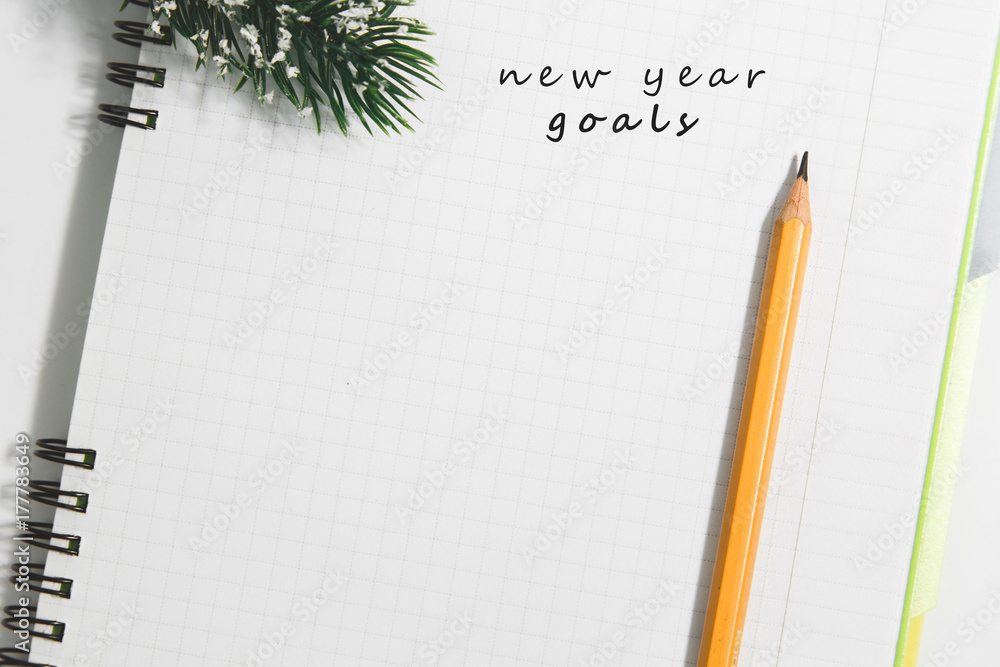 goals, Notebook and yellow pencil with conifer branch goals, Notebook and yellow pencil with conifer branch