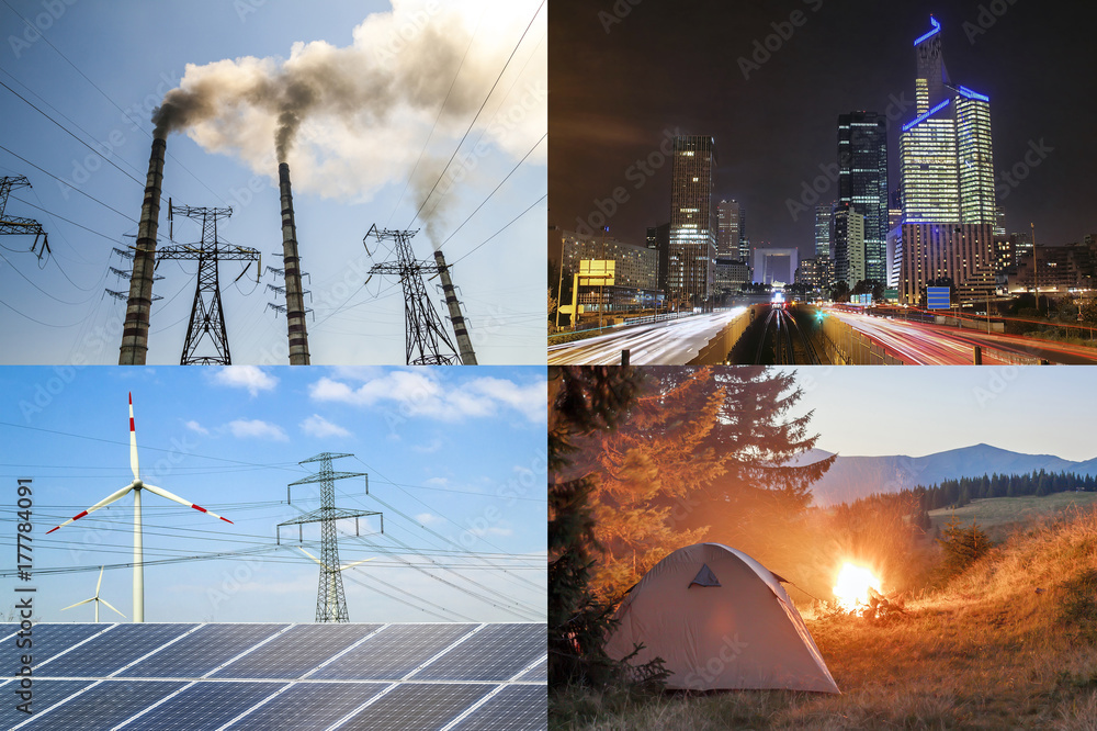 Clean vs dirty energy. Solar panels and wind turbines against fuel coal