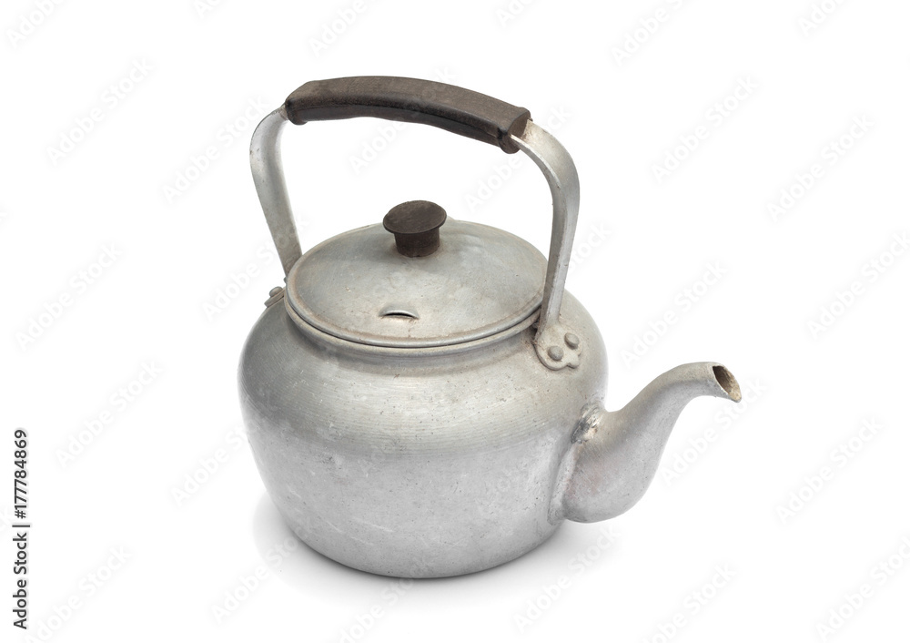 Old rustic aluminum kettle isolated on white background Old rustic aluminum kettle isolated on white background