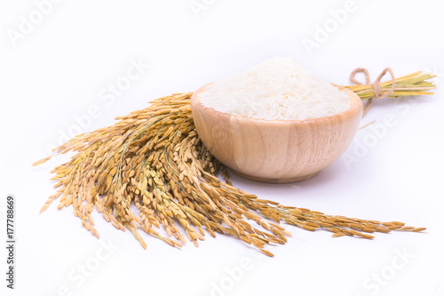 Close up Thai jasmine rice in bowl on wooden table