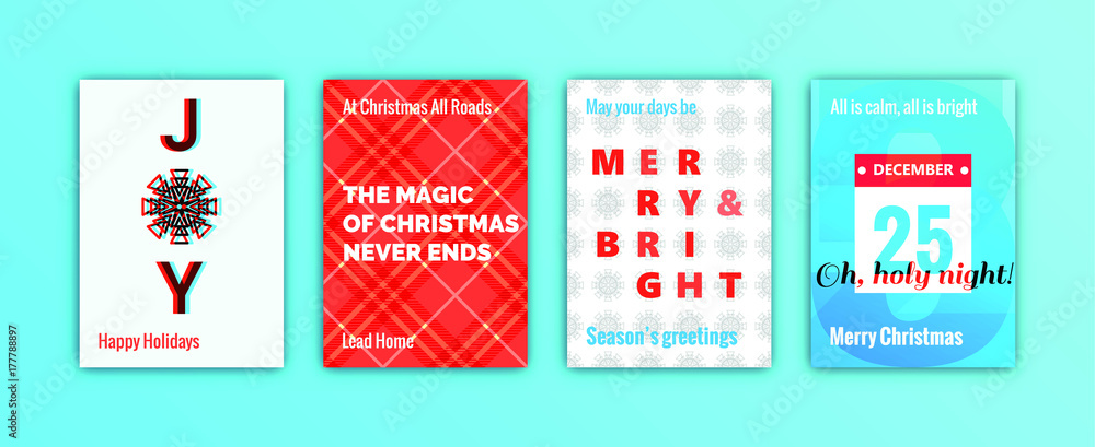 Set of winter holidays season greeting cards. Merry Christmas decoration elements and lettering. Trendy minimal design template for posters, flyers, prints, invitations, banners. 