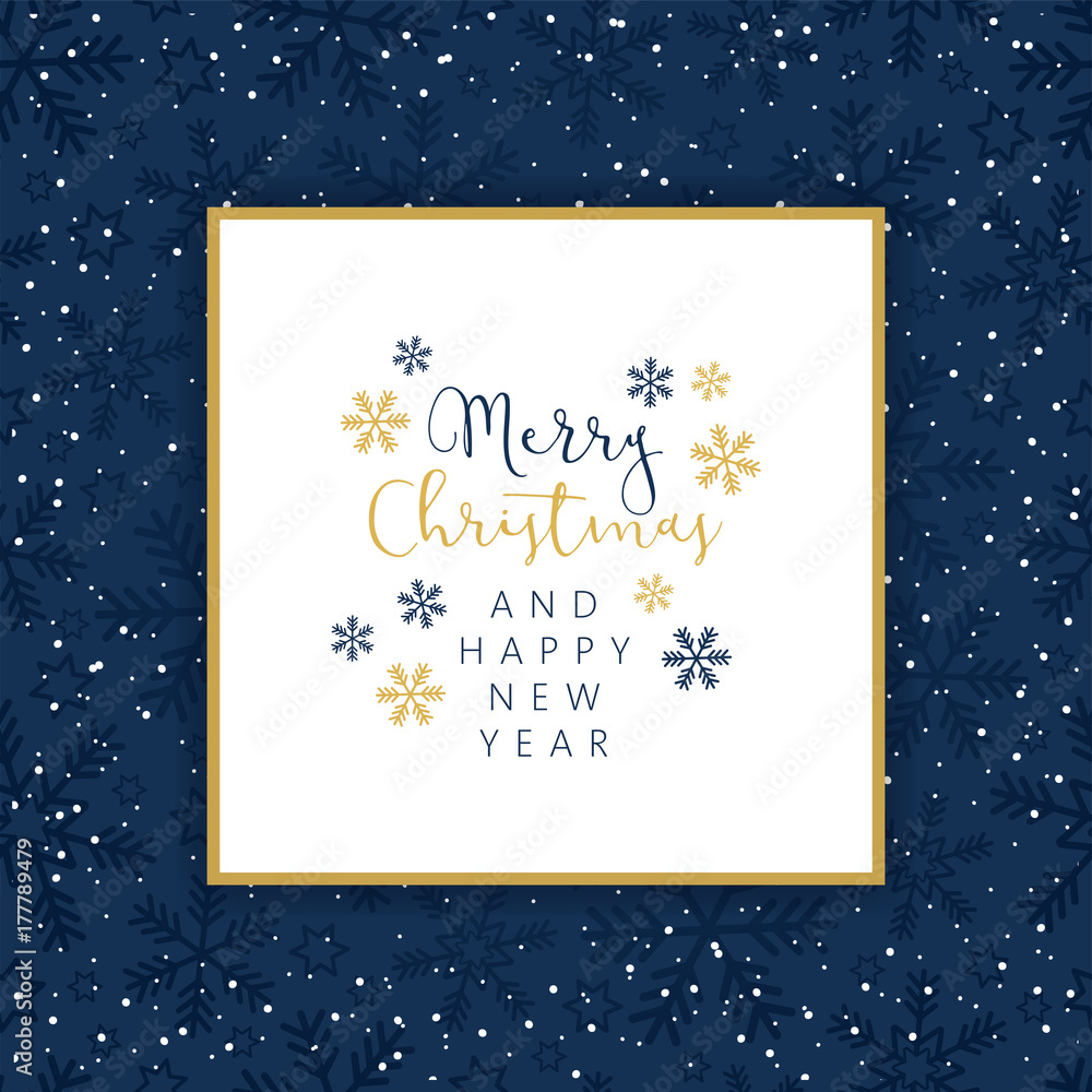 Fototapeta premium Christmas design with a blue background with snowflakes and greetings