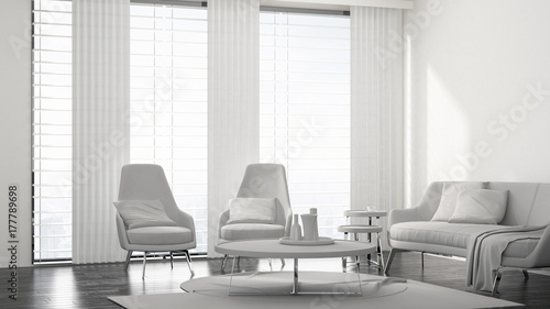 Fresh monochromatic white living room interior