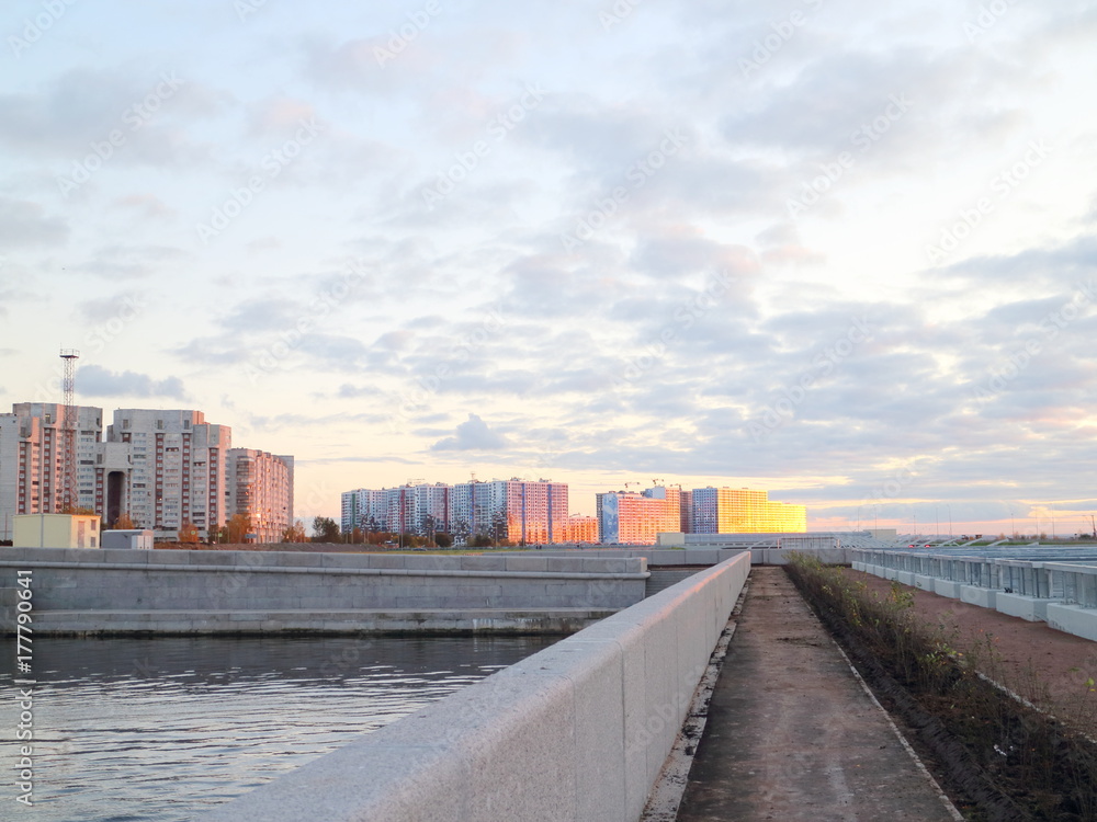 embankments, canals, urban blocks in the evening on the coast