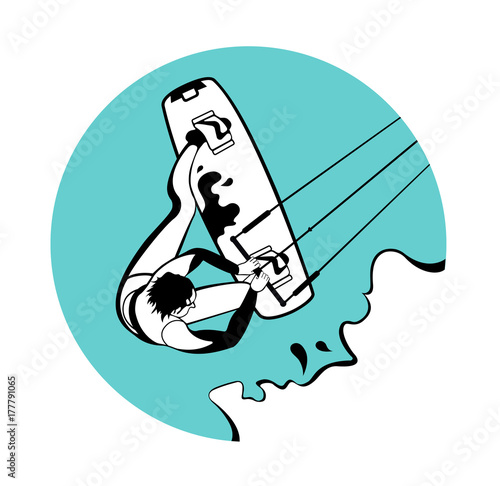 Vintage surfing label and badge.Ocean wave, kitesurfing and sea sport on the blue background.Vector illustration.Summer water beach sports, activities.Man wakeboarding, kitesurfing