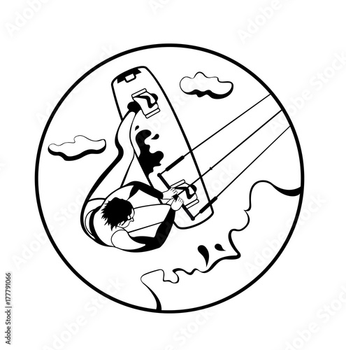 Vintage surfing outline label and badge.Ocean wave, kitesurfing and sea sport.Vector illustration.Summer water beach sports, activities.Man wakeboarding, kitesurfing
