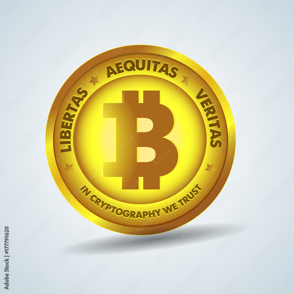 Realistic 3d golden bitcoin coin vector illustration for fintech net banking and blockchain concept. Golden bitcoin money, internet finance coin Realistic 3d golden bitcoin coin vector illustration for fintech net banking and blockchain concept. Golden bitcoin money, internet finance coin