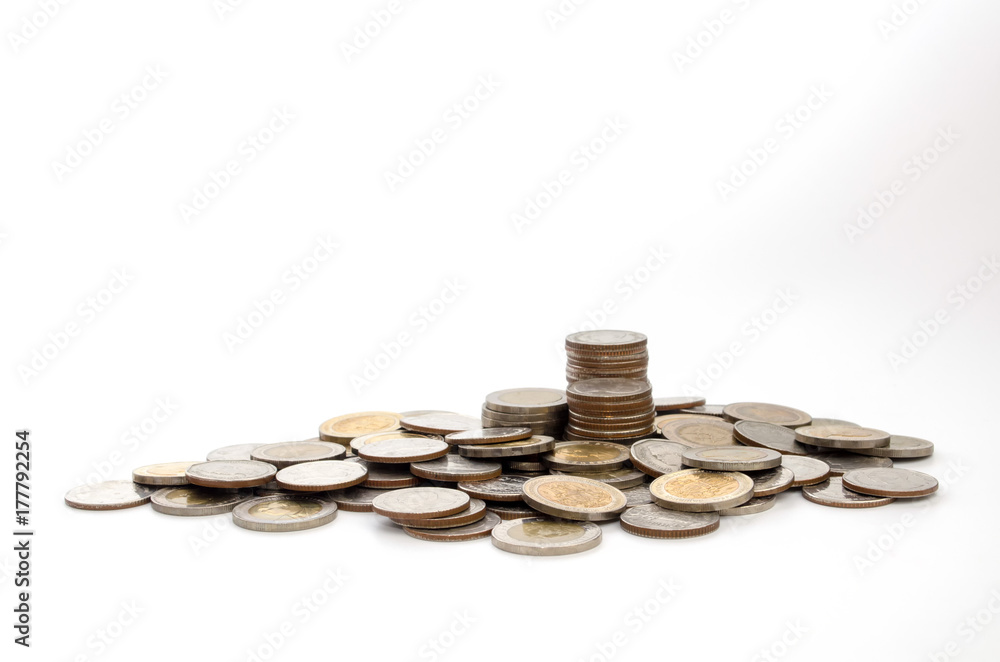 pile of money coins on white background, saving money, business, investment, finance and banking concept, soft focus pile of money coins on white background, saving money, business, investment, finance and banking concept, soft focus