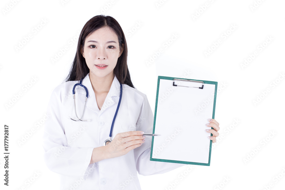 Portrait of Confident smiling Korean Woman doctor posing at white background, healthcare concept Portrait of Confident smiling Korean Woman doctor posing at white background, healthcare concept