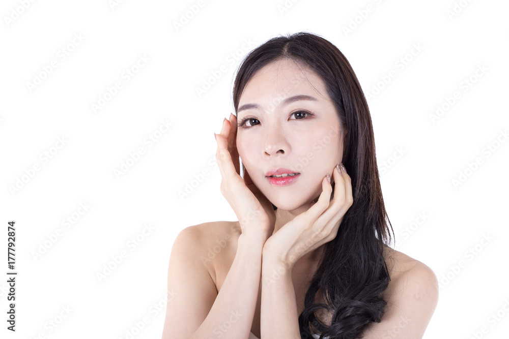 Beautiful Asian Woman Face Portrait Beauty Skin Care Concept. Fashion Beauty Model isolated on white Beautiful Asian Woman Face Portrait Beauty Skin Care Concept. Fashion Beauty Model isolated on white