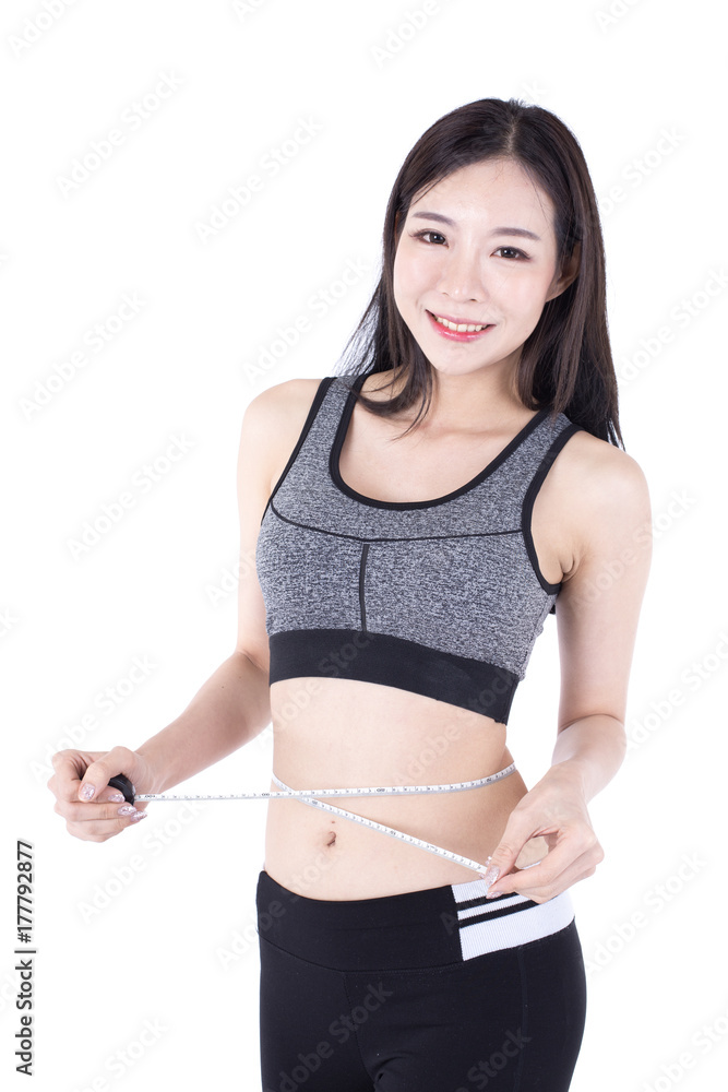 Portrait of Korean Woman holding tape with her body on white backgrond, Woman prepare to exercise, Woman with Healthy Concept. Portrait of Korean Woman holding tape with her body on white backgrond, Woman prepare to exercise, Woman with Healthy Concept.