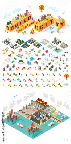 Set of Isometric High Quality City Element on Brown Background . City