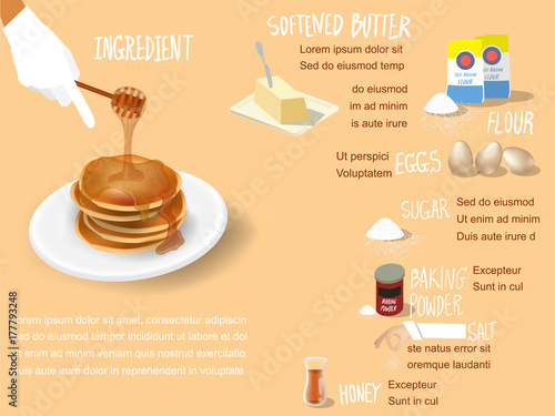 illustration vector of sweet colorful info-graphic beautiful design of pancakes with honey syrup ingredient recipe, pancakes dessert design concept