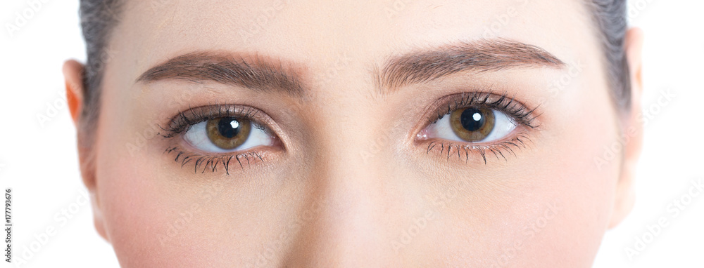 Obraz premium Closeup Shot of Woman Eye looking to Camera. Woman with Beauty Concept, Isolated on White Background.
