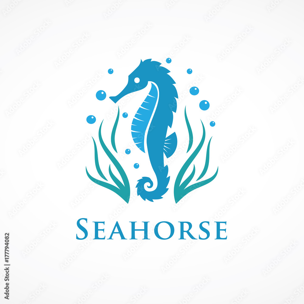 seahorse logo with seaweed and bubbles Stock Vector Adobe Stock