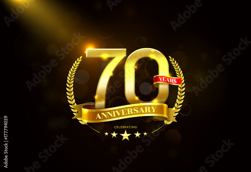 70 Years Anniversary with laurel wreath Golden Ribbon