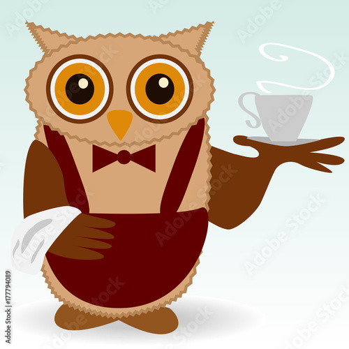 The owl-waiter in claret and butterfly burgundy, with a cup of steaming coffee, tea, a towel on the wing