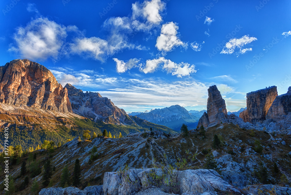Mountain Cinque Torri (The Five Pillars) in sunset, Dolomites, Italy