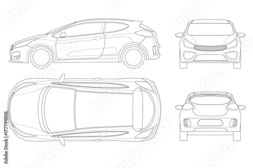 Sportcar or hatchback vehicle. SUV car set on outline, template for branding and advertising. Template vector isolated on white View front, rear, side, top