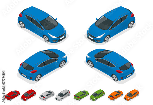 Isometric Sportcar or hatchback vehicle. SUV car set on white background, template for branding and advertising.