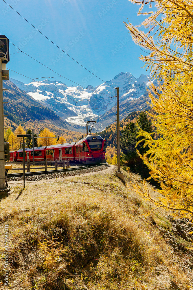 Obraz premium Bernina Express - Trenino rosso con paesaggio autunnale