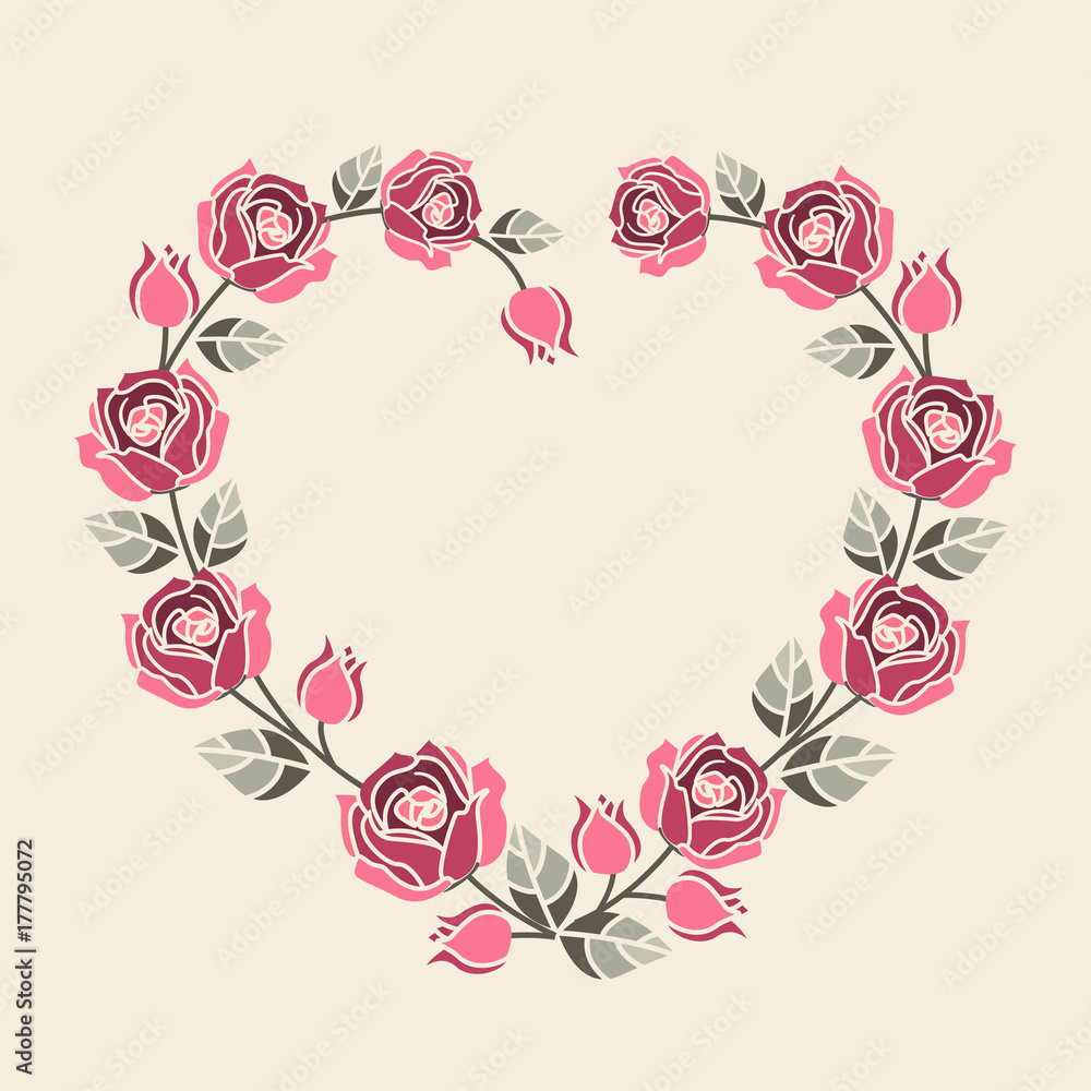 Vector illustration Decorative frame with pink roses on light background. Heart of roses