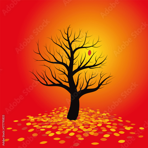 Autumn mood - leafless tree with one last single leaf. Isolated vector illustration on warm red gradient background.