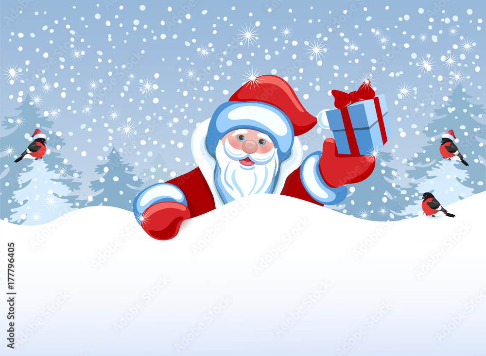 Santa Claus holds poster in the form of a snowdrift for advertise discounts, sales or an invitation to celebrate Сhristmas.