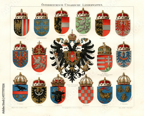 Fotografie, Tablou Coats of arms of the Austro-Hungarian lands (from Meyers Lexikon, 1896, 13/298/2