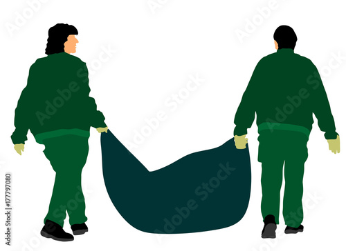 Park outdoor workers with bag of leaves or garbage, trash, vector illustration. Gardeners holds a plastic bag with garbage. Backyard Garden raking, Clean Up. Landscaper Foliage cleaning.