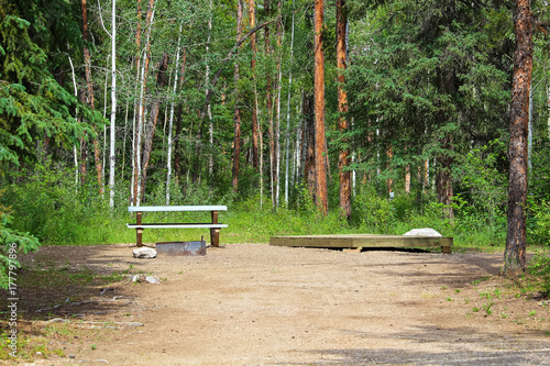 A campsite with a picnic table, fire ring and tent platform