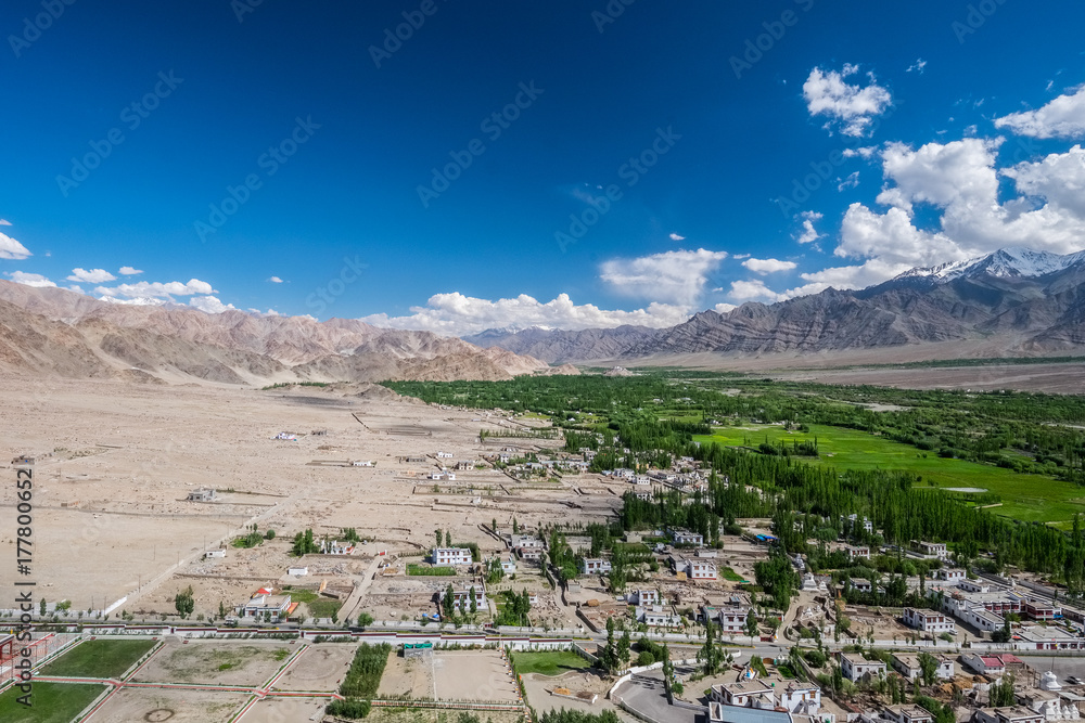 Aerial view from Thiksey monastery, located on top of a hill in Thiksey village east of Leh in Ladakh, India.