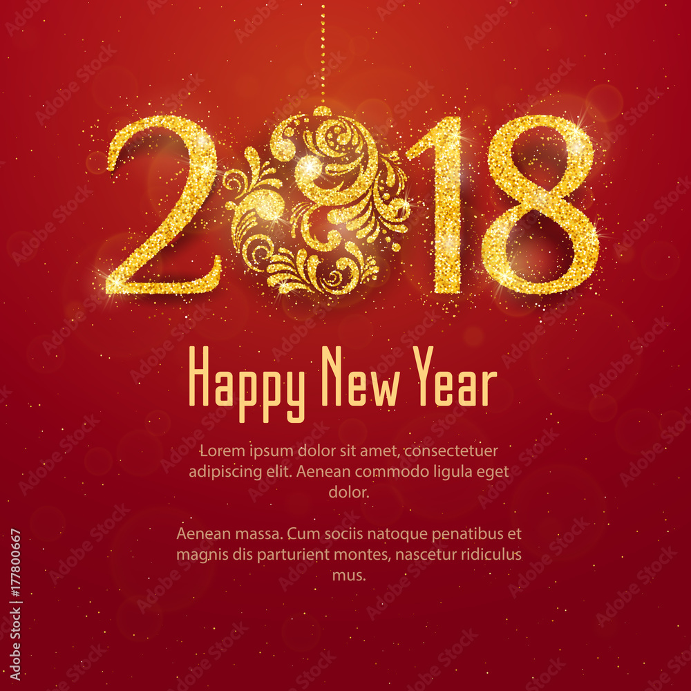 2018 Happy New Year and Merry Christmas Background with golden glitter numbers with Christmas ball on red background. Vector holiday design for your flyer banner and greeting cards