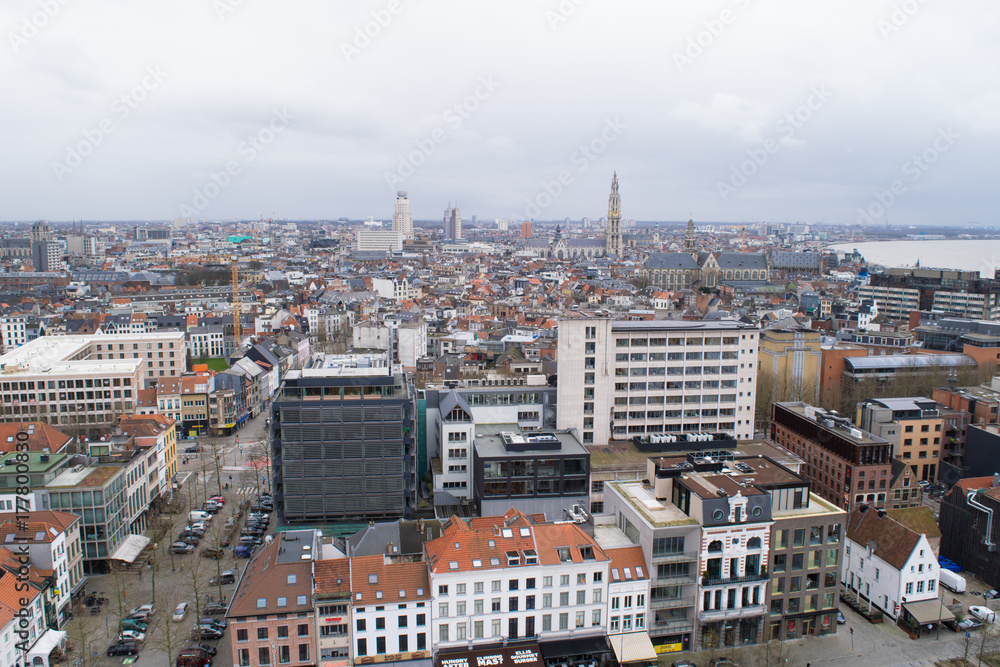 Panoramic view across the skyline of Antwerp from the MAS observation deck, Flanders, Belgium