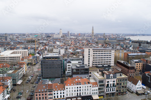 Panoramic view across the skyline of Antwerp from the MAS observation deck, Flanders, Belgium