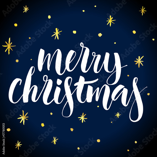 Merry Christmas greeting card with calligraphy and hand drawn elements. Handwritten letters, vector illustration. Template for cards, invitations, banners and various design products