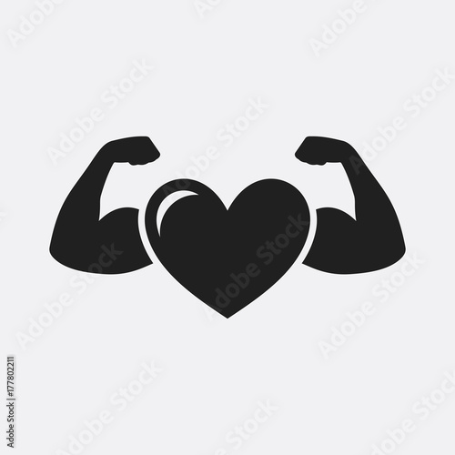 Strong health icon, heart with muscle arms