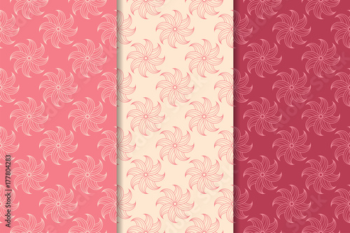 Set of red floral ornaments. Cherry pink vertical seamless patterns