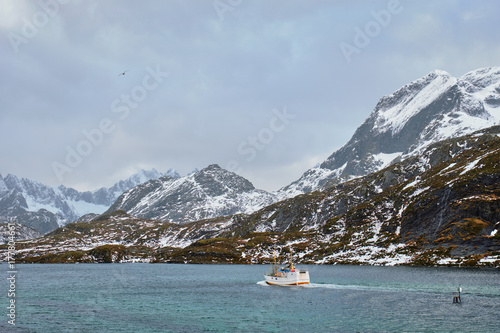 Fishing ship in fjord in Norway