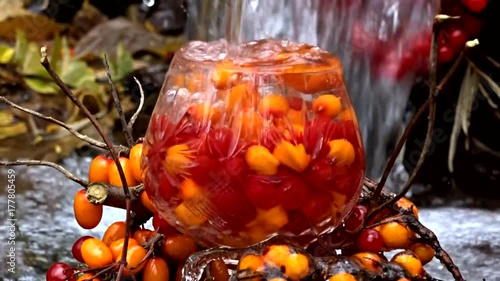 glass with berries and a waterfall