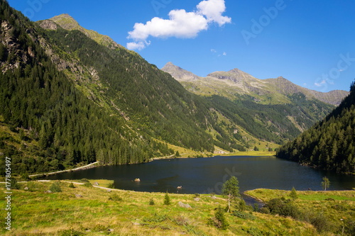 Alpine mountain lake Riesachsee mit Riesachsfalle near Schladming in Austria