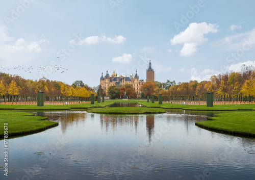 Schwerin Palace and palace garden under beautiful sky