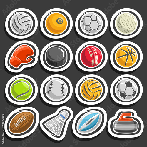 Vector set of Sports Balls, collection of sporting and gaming equipment, balls of different kinds of sports, boxing glove, ice hockey puck, badminton shuttlecock, curling stone on black background.