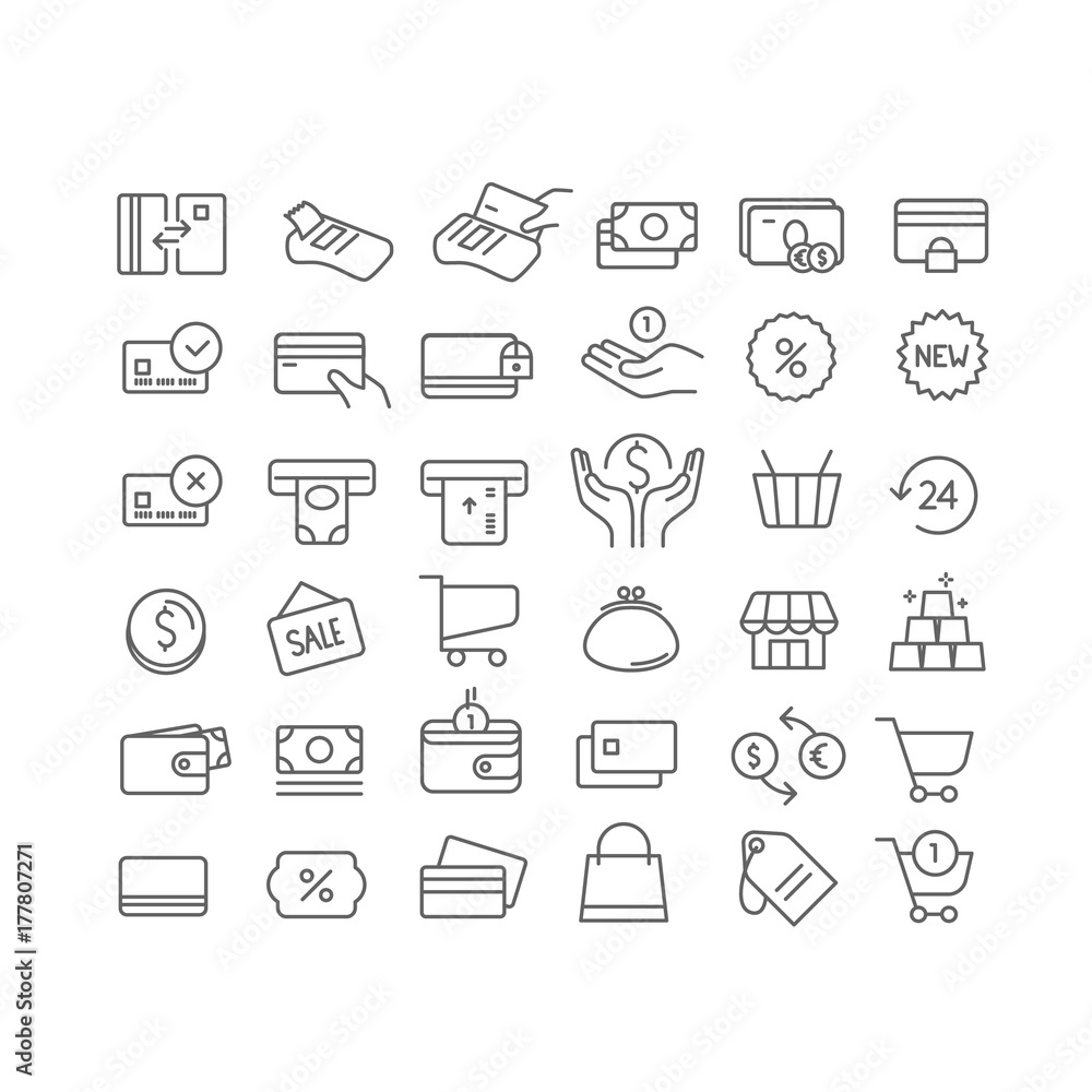 Simple set of line icons. Vector icons clipart isolated on white. Money, wallets, cards, coins etc