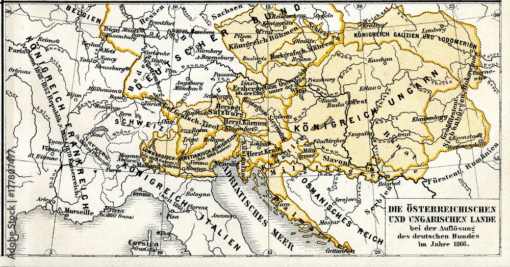 History of Austro-Hungarian Empire - Austrian and Hungarian lands in 1866, after Seven Weeks' War (from Meyers Lexikon, 1896, 13/304/305)